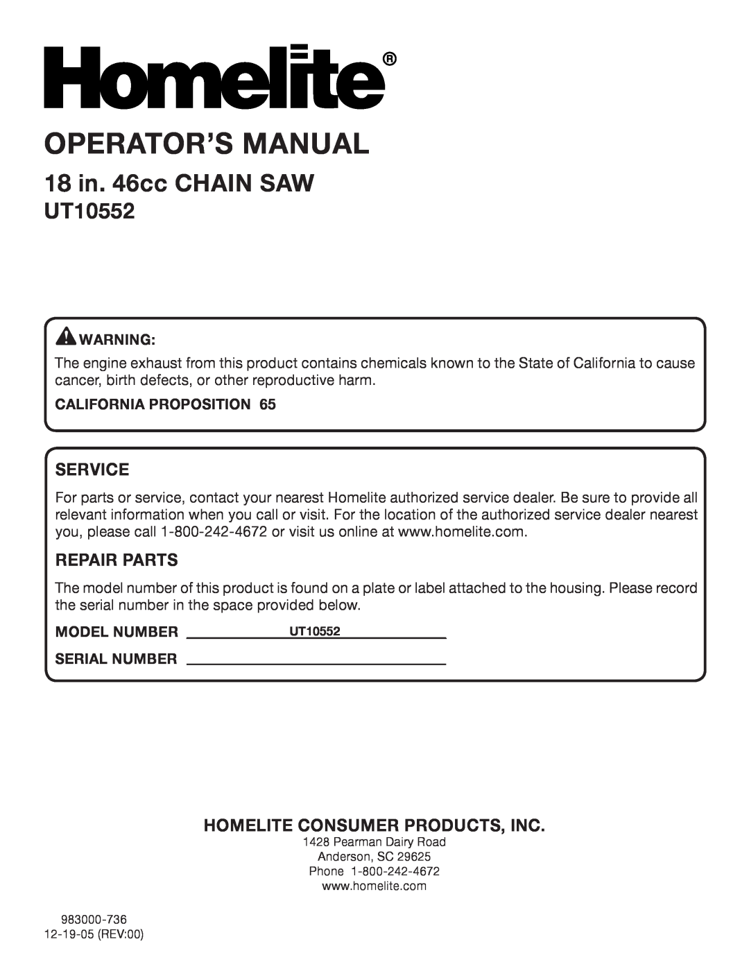 Homelite UT10552 manual Service, Repair Parts, Homelite Consumer Products, Inc, Operator’S Manual, 18 in. 46cc CHAIN SAW 