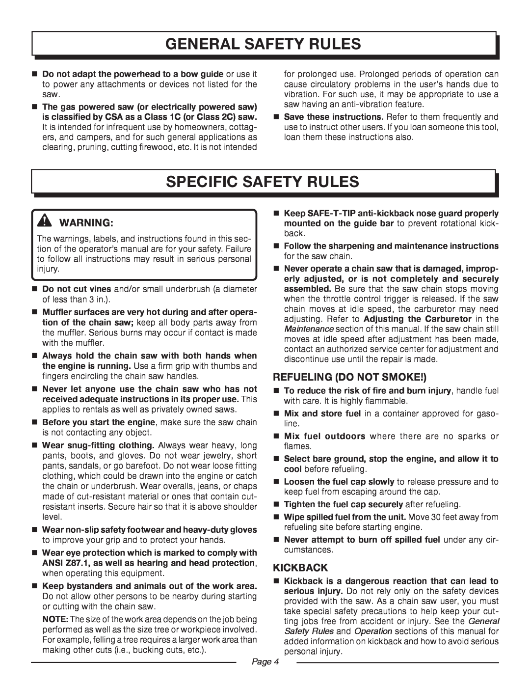 Homelite UT10552 manual specific safety rules, general safety rules, Refueling Do Not Smoke, Kickback, Page  