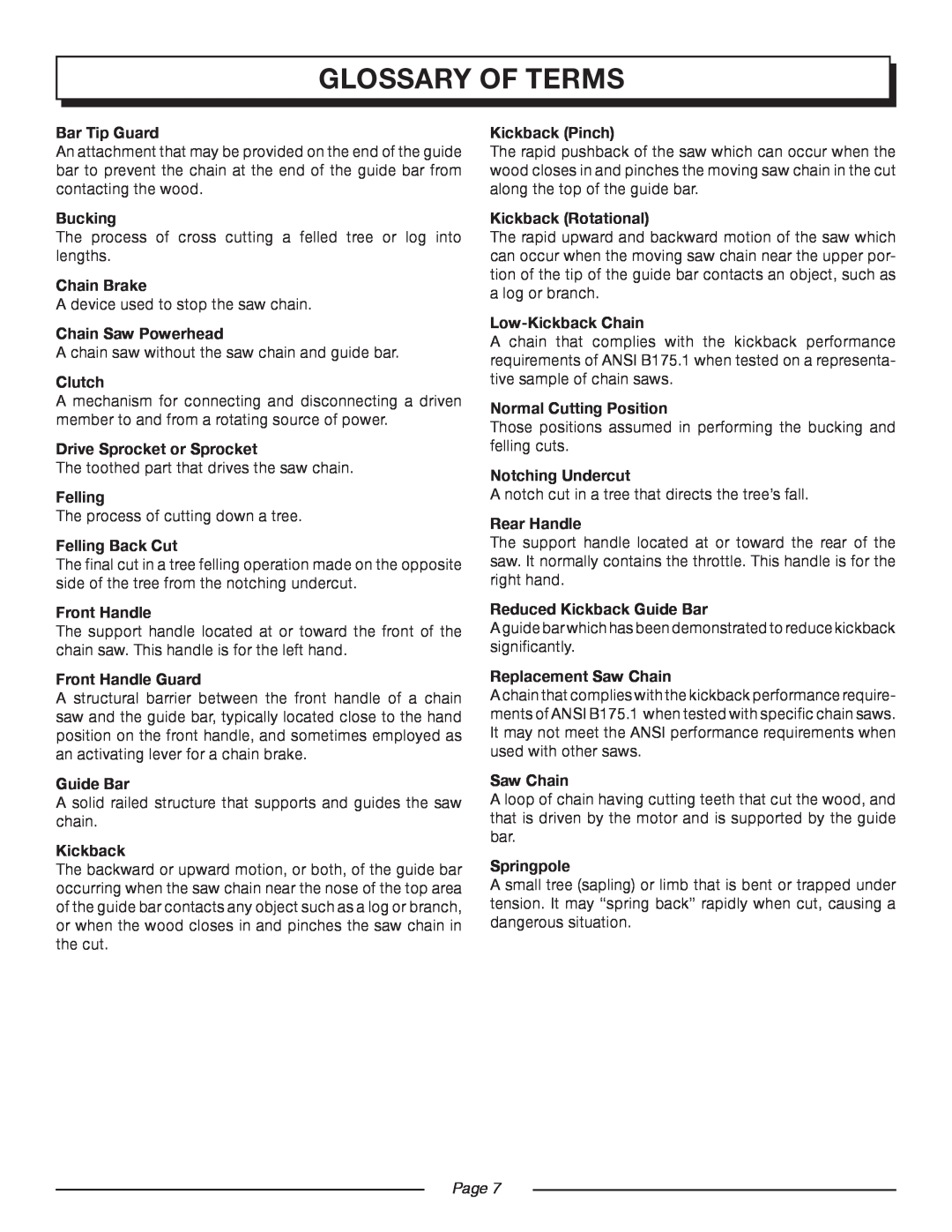 Homelite UT10552 manual glossary of terms, Page  
