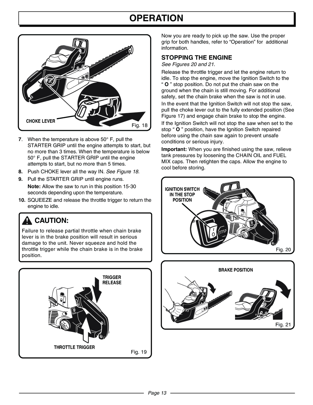 Homelite UT10570 manual Stopping the Engine, Trigger Release Throttle Trigger, See Figures 20 