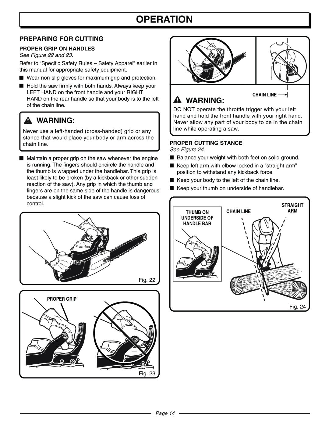 Homelite UT10570 manual Preparing for Cutting, Proper Grip on Handles, See, Proper Grip Chain Line, Proper Cutting Stance 