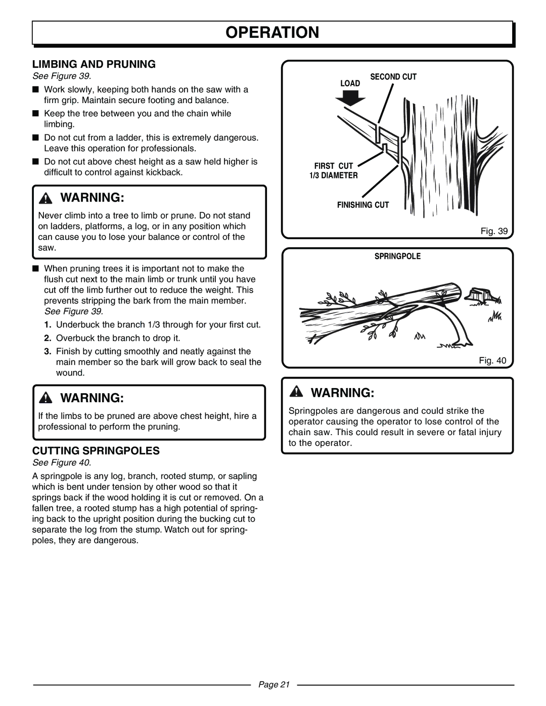 Homelite UT10570 manual Limbing and Pruning, Cutting Springpoles 