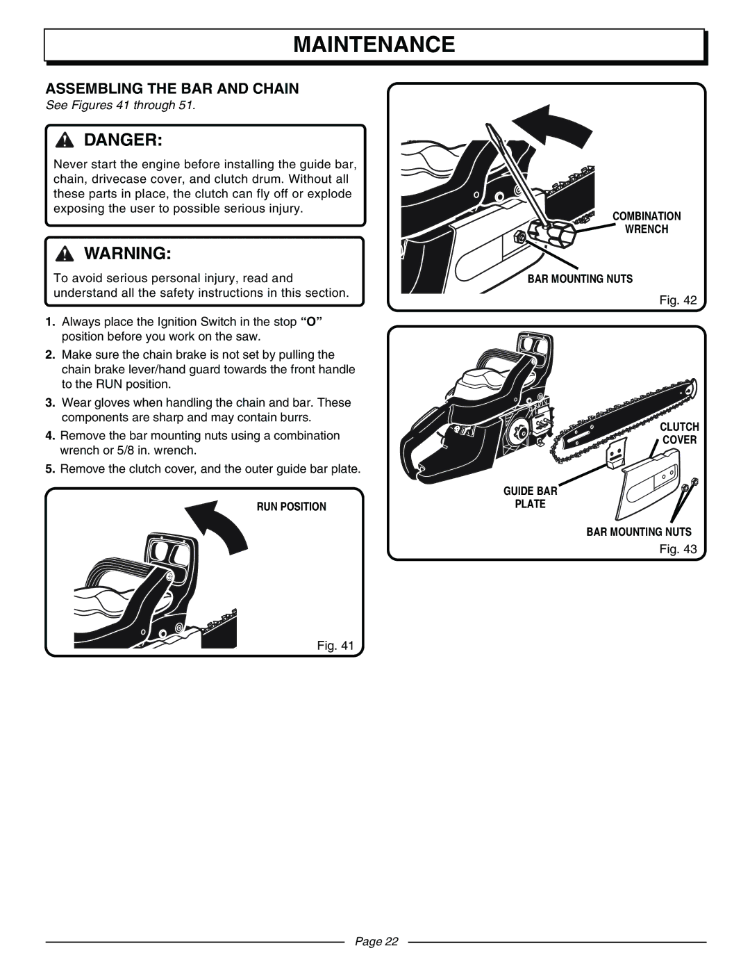 Homelite UT10570 manual Maintenance, Assembling the BAR and Chain, See Figures 41 through 