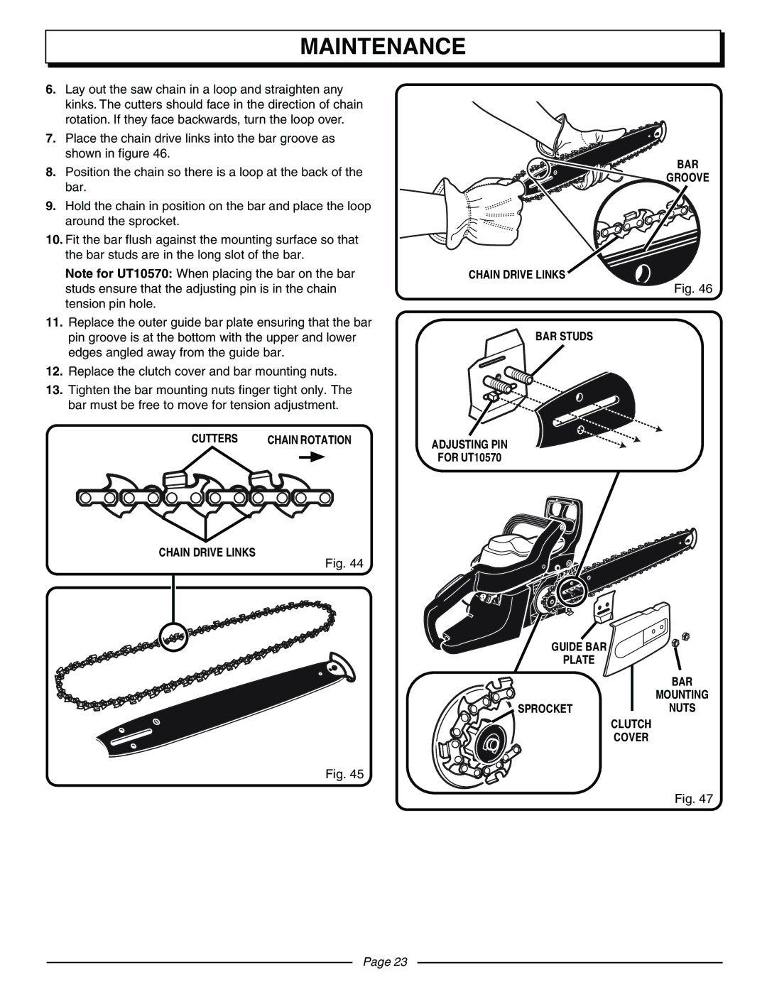 Homelite UT10570 manual Cutters, Chain Drive Links BAR Groove BAR Studs Adjusting PIN, Guide BAR Plate, Sprocket 