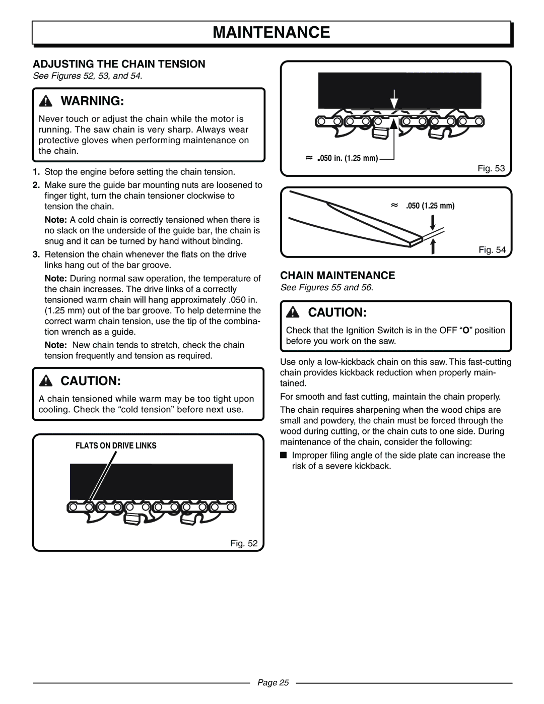 Homelite UT10570 Adjusting the Chain Tension, Chain Maintenance, See Figures 52, 53, Flats on Drive Links, See Figures 55 