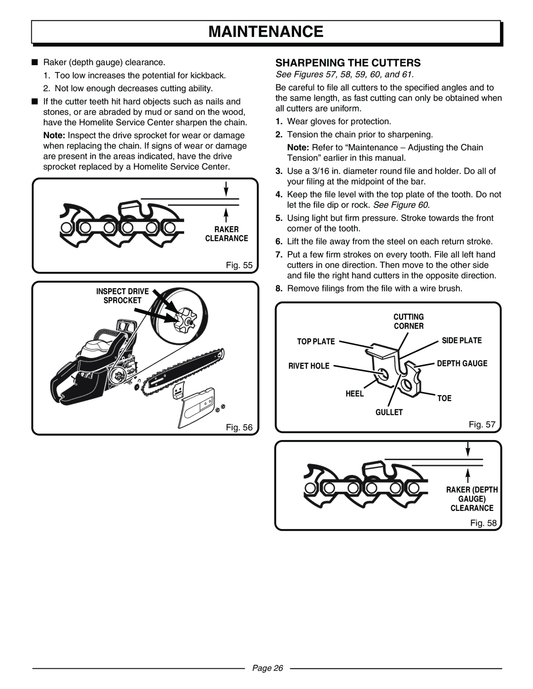 Homelite UT10570 manual Sharpening the Cutters, See Figures 57, 58, 59, 60 