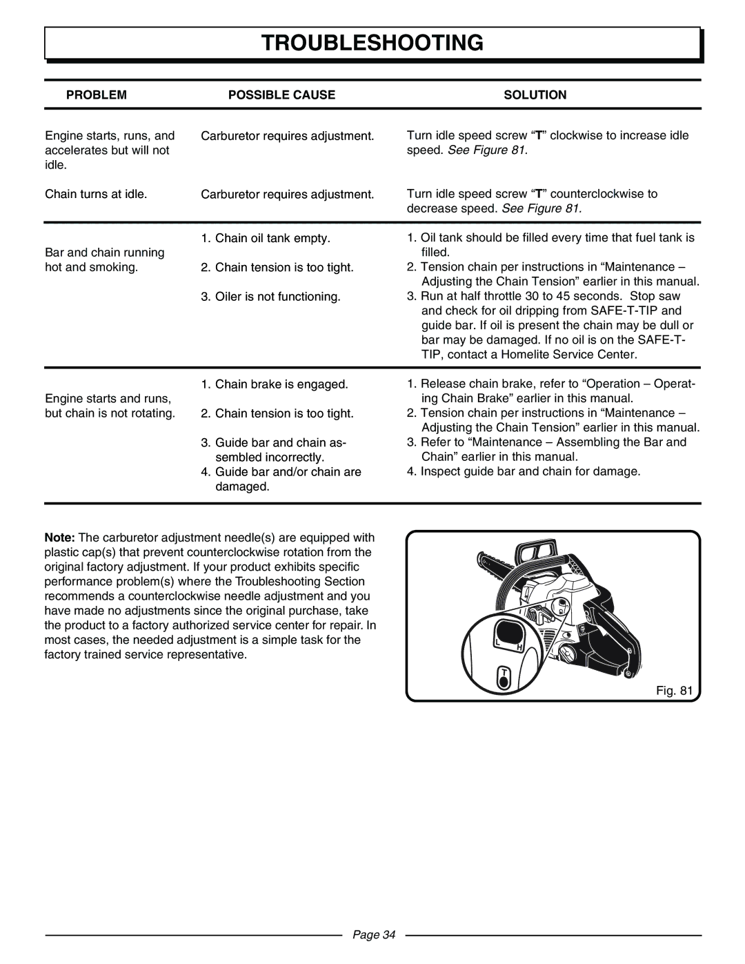 Homelite UT10570 manual Troubleshooting 