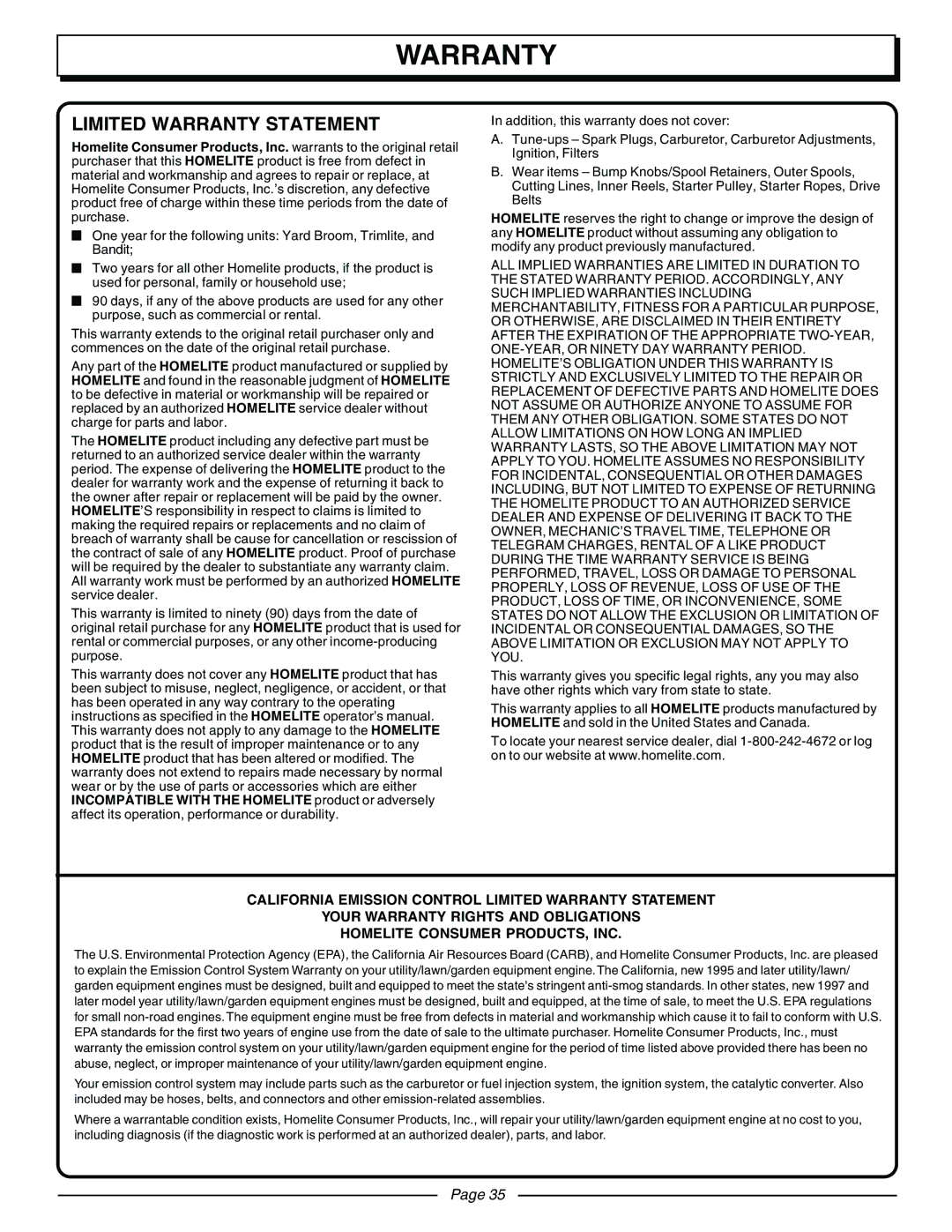 Homelite UT10570 manual Limited Warranty Statement 