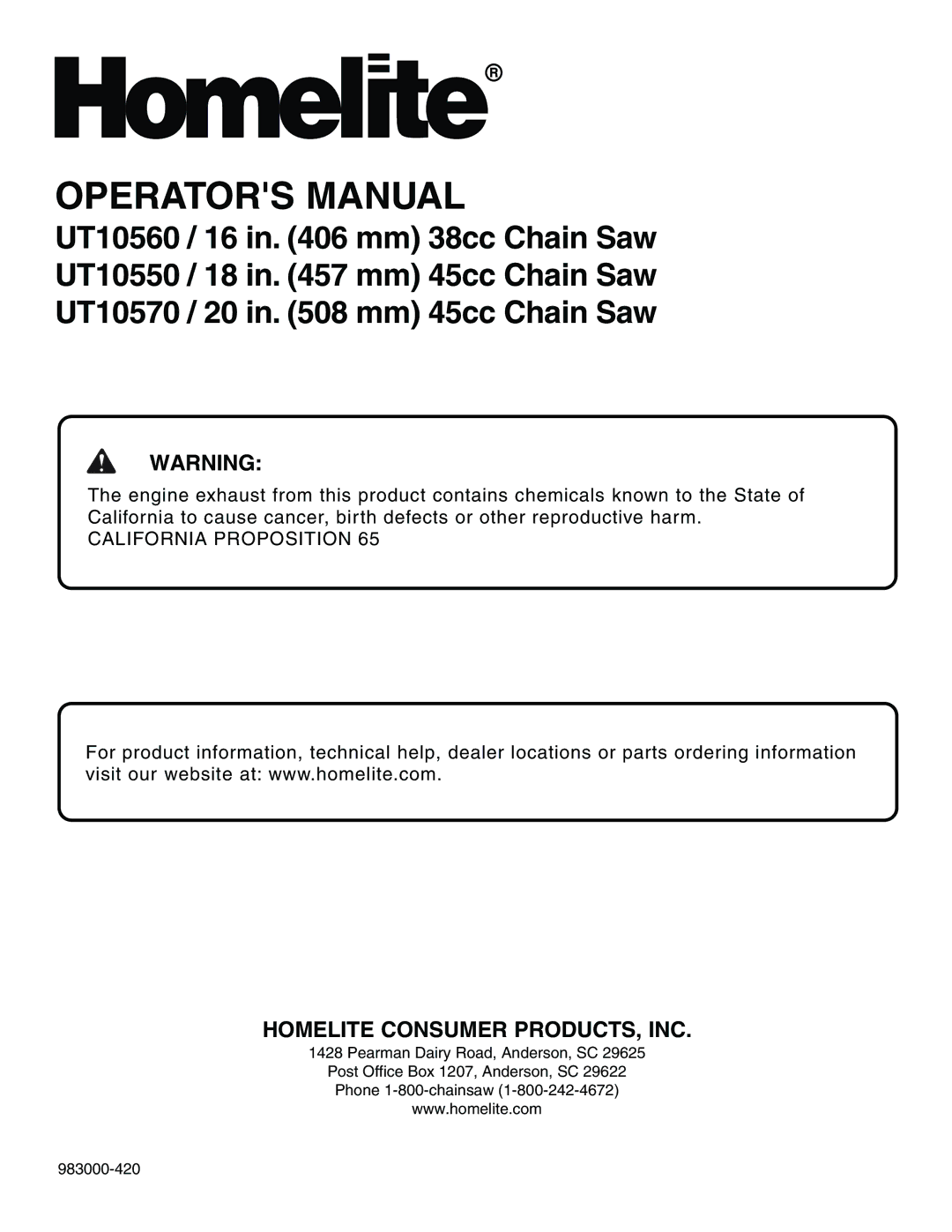 Homelite UT10570 manual Homelite Consumer PRODUCTS, INC 