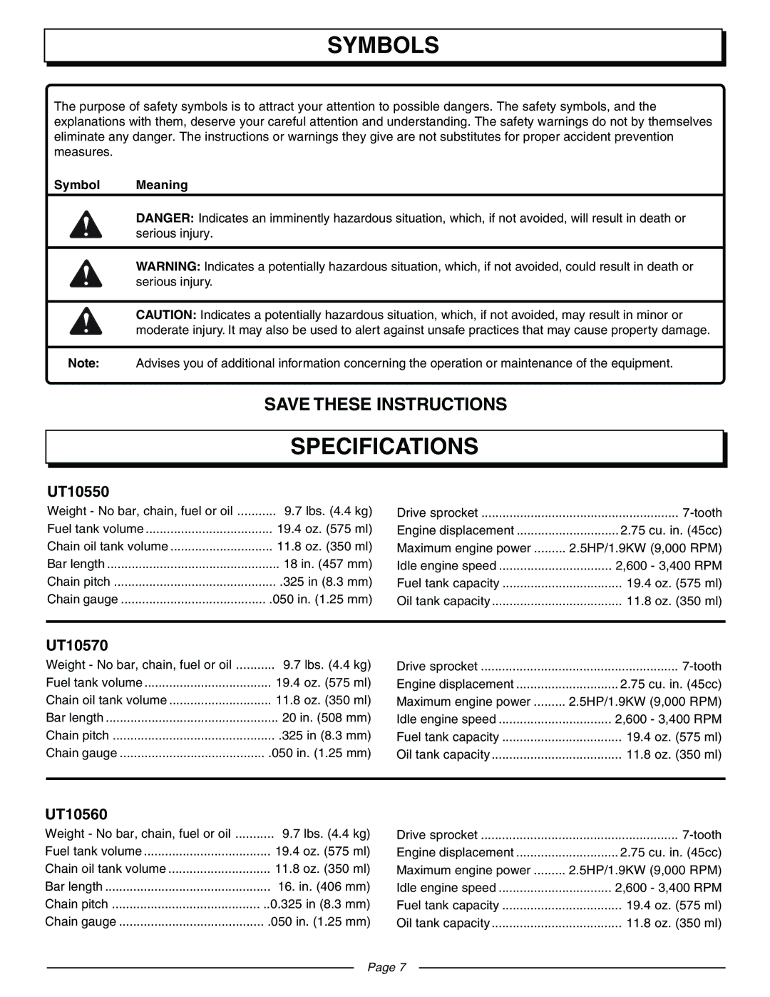 Homelite UT10570 manual Specifications, UT10550 