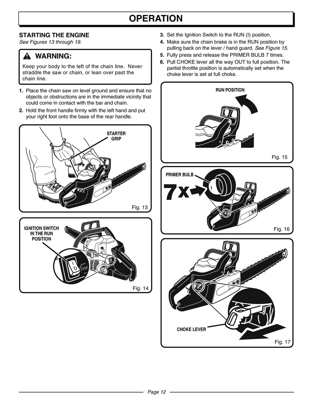 Homelite UT10570 manual Starting The Engine, Operation, See Figures 13 through, Page 