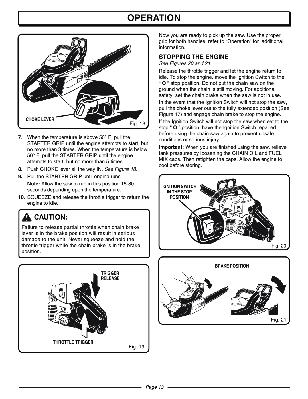 Homelite UT10570 manual Stopping The Engine, Operation, See Figures 20 and, Page 
