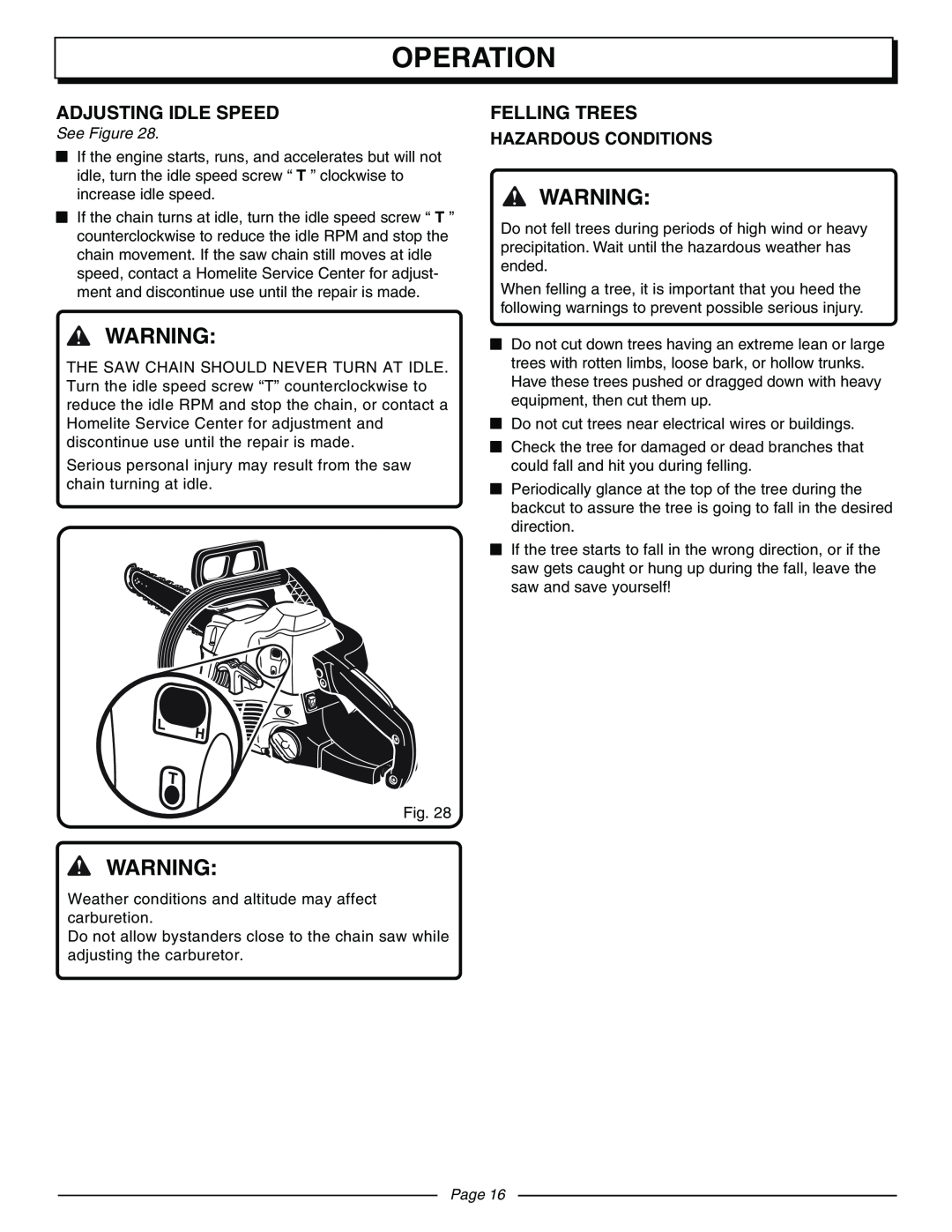 Homelite UT10570 manual Adjusting Idle Speed, Felling Trees, Operation, Hazardous Conditions, See Figure, Page 