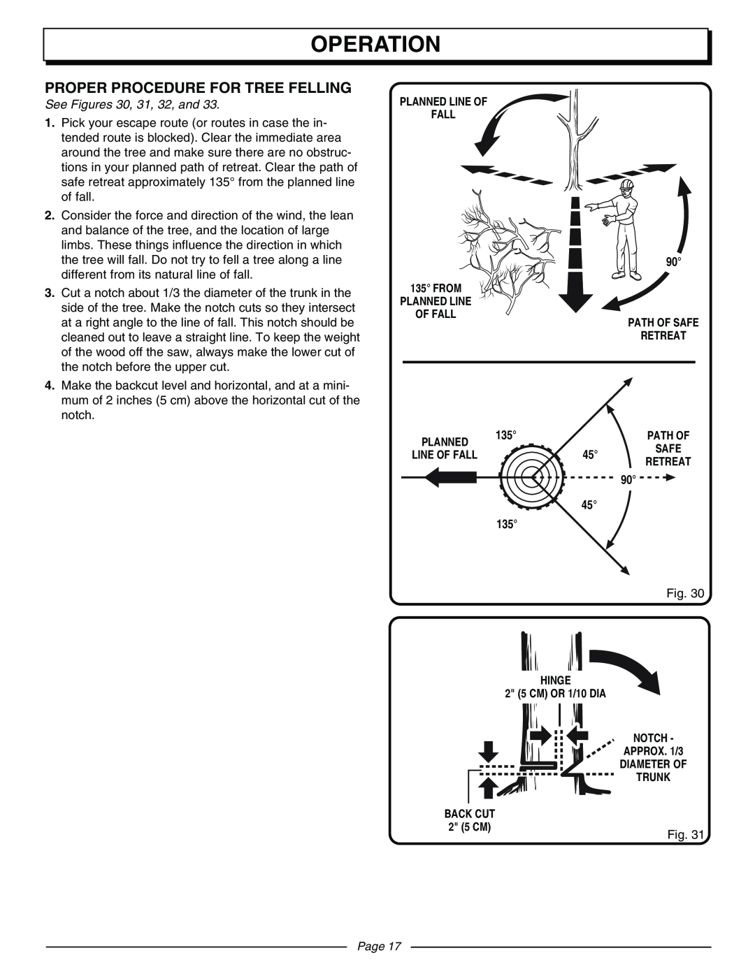 Homelite UT10570 manual Proper Procedure For Tree Felling, Operation, See Figures 30, 31, 32, and, Page 