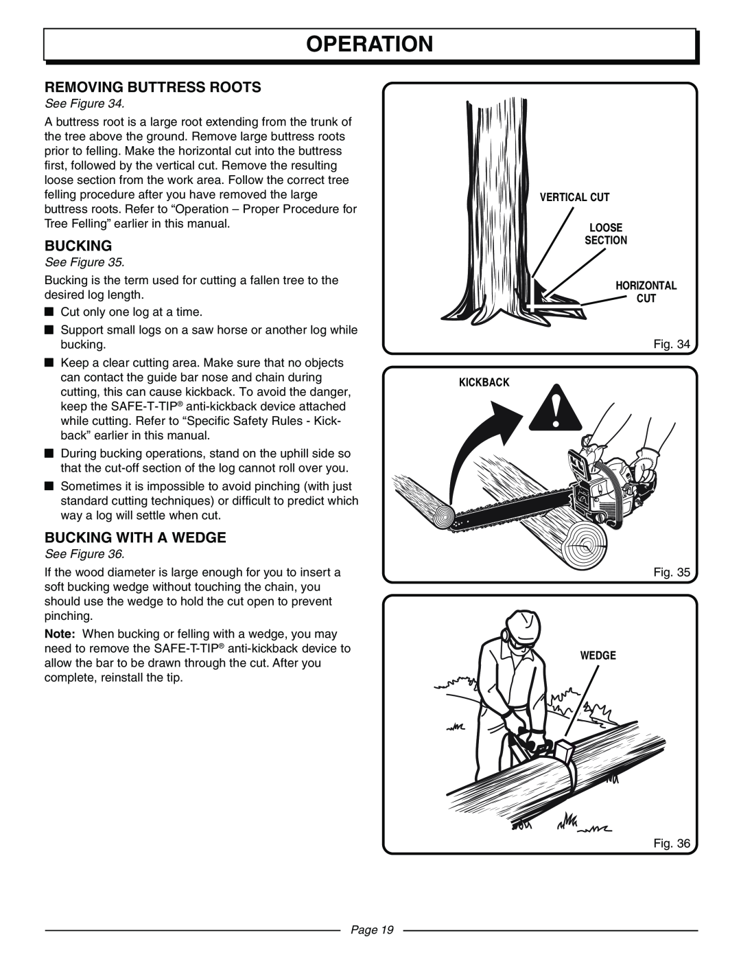 Homelite UT10570 manual Removing Buttress Roots, Bucking With A Wedge, Operation, See Figure, Page 