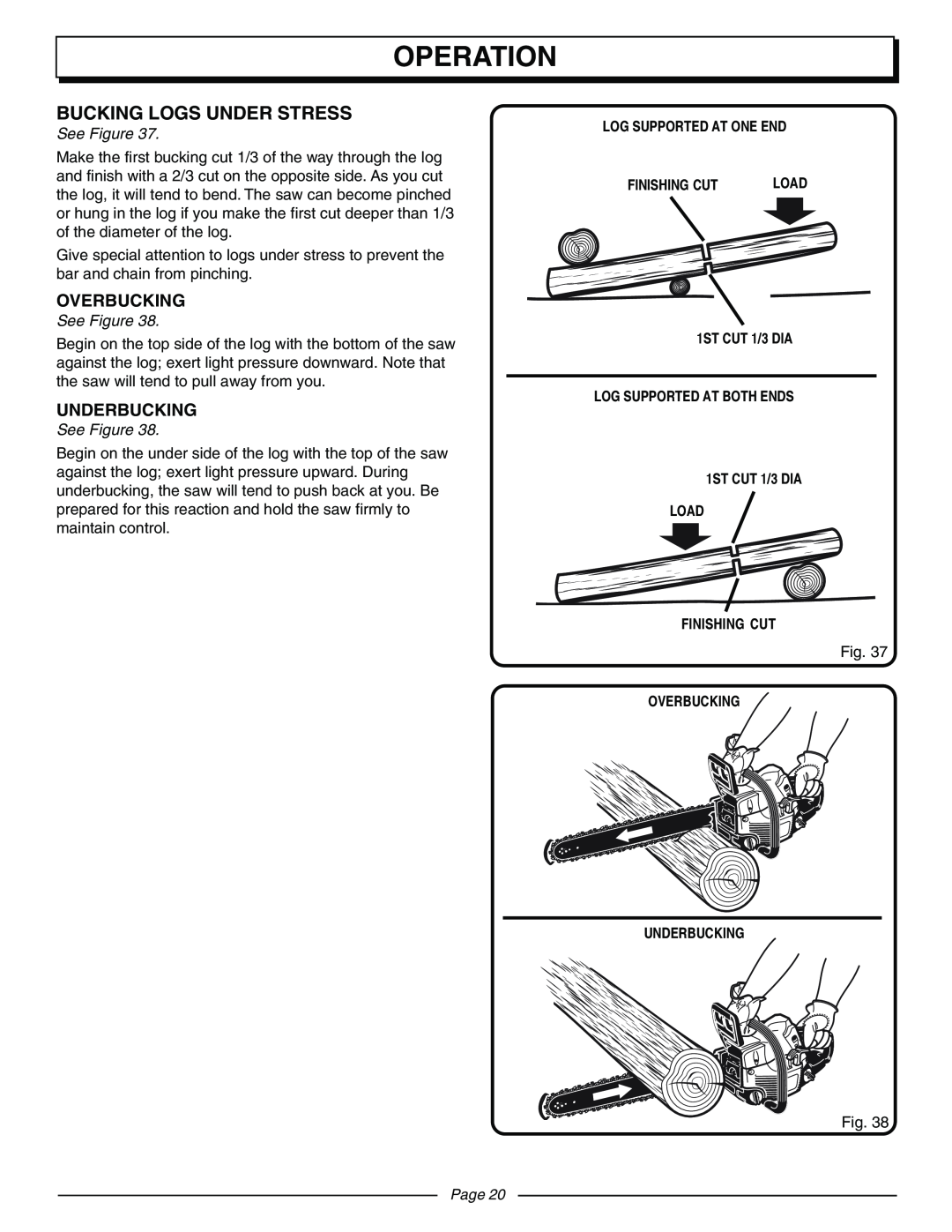 Homelite UT10570 manual Bucking Logs Under Stress, Operation, Overbucking, Underbucking, See Figure, Page 