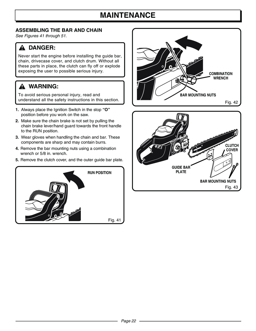 Homelite UT10570 manual Maintenance, Danger, Assembling The Bar And Chain, See Figures 41 through, Page 