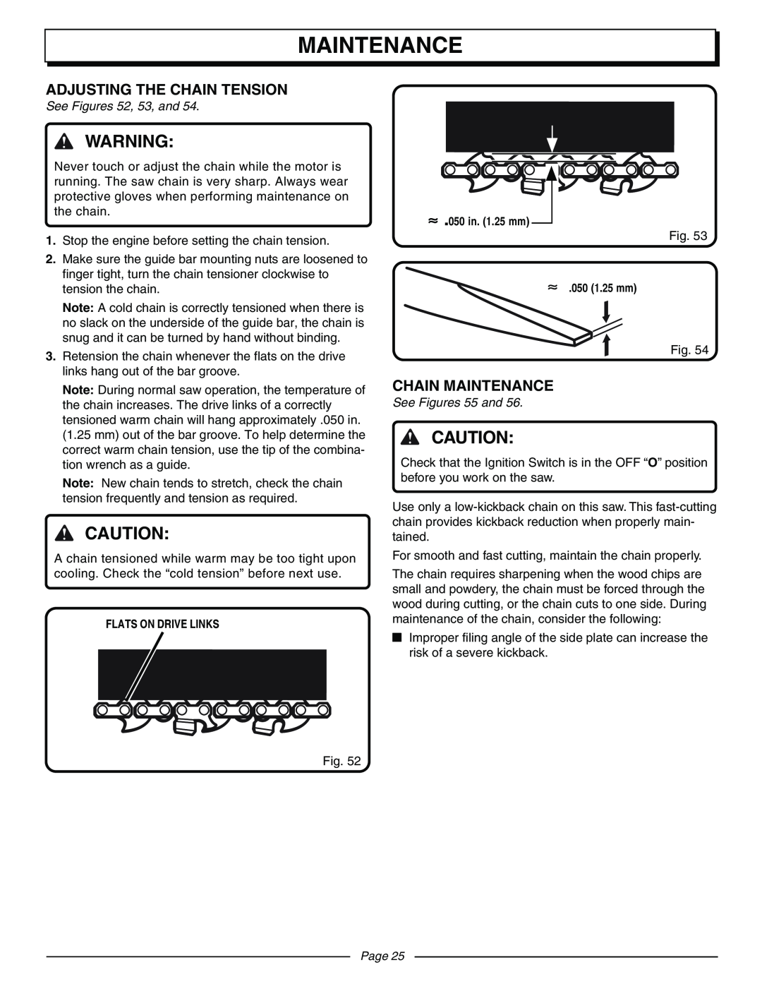 Homelite UT10570 manual Adjusting The Chain Tension, Chain Maintenance, See Figures 52, 53, and, See Figures 55 and, Page 