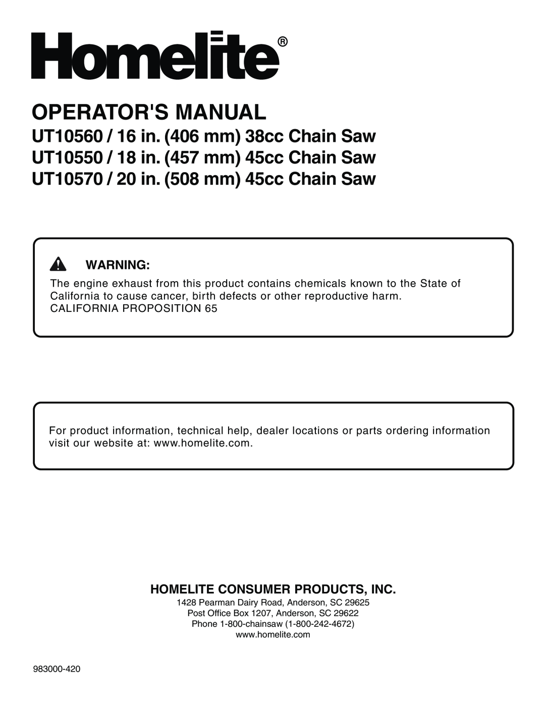Homelite UT10570 manual Homelite Consumer Products, Inc, Operators Manual 