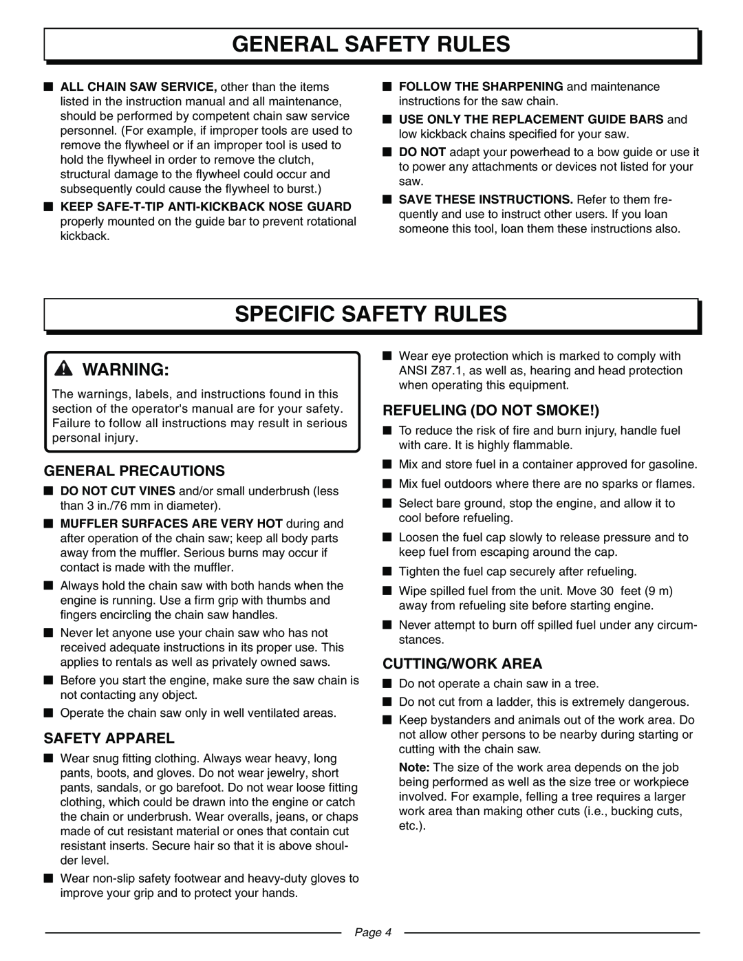 Homelite UT10570 Specific Safety Rules, General Precautions, Safety Apparel, Refueling Do Not Smoke, Cutting/Work Area 