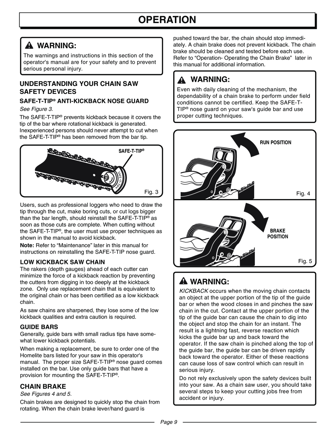 Homelite UT10570 Operation, Understanding Your Chain Saw Safety Devices, Chain Brake, Safe-T-Tip Anti-Kickbacknose Guard 