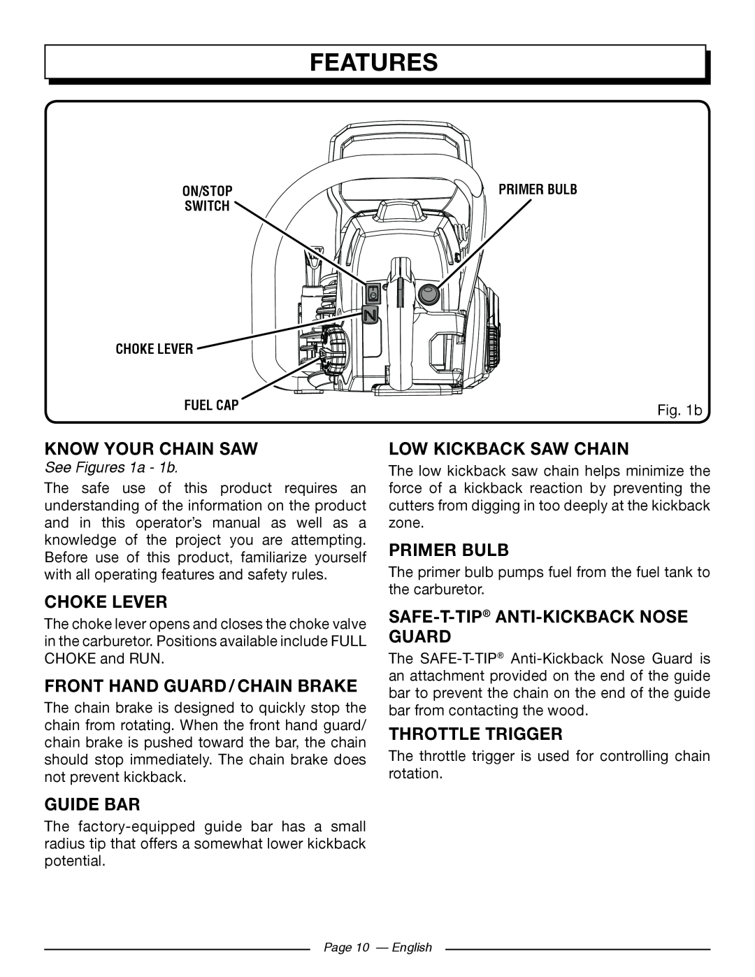 Homelite UT10546 Know Your Chain Saw, Choke Lever, Front Hand Guard / Chain Brake, Guide Bar, Low Kickback Saw Chain 