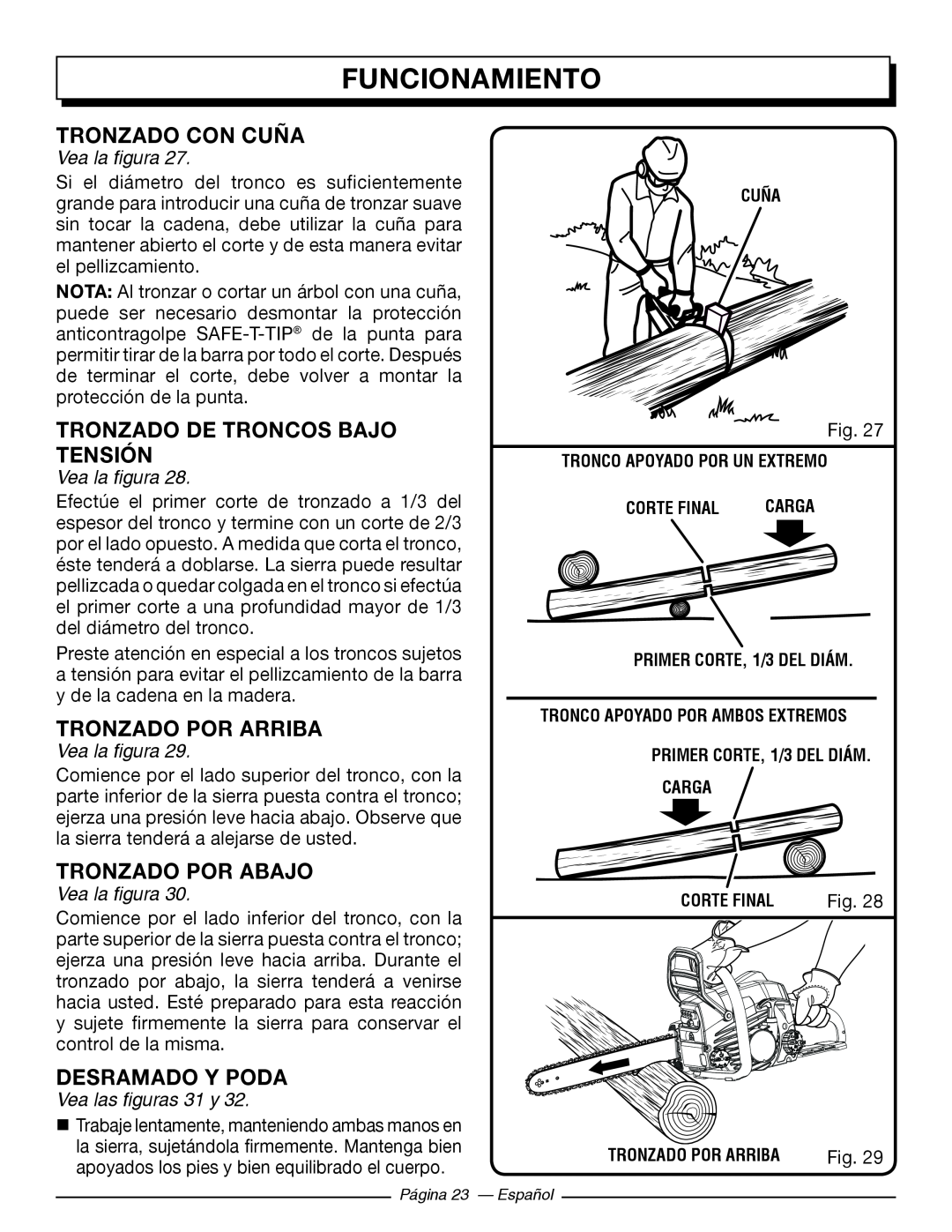 Homelite UT10566, UT10586 Tronzado Con Cuña, Tronzado De Troncos Bajo Tensión, Tronzado Por Arriba, Tronzado Por Abajo 