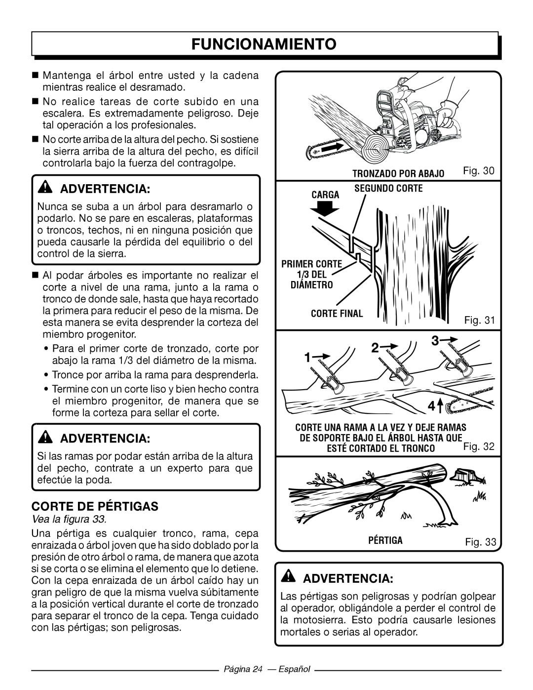 Homelite UT10586, UT10584, UT10564, UT10544, UT10546, UT10566 Corte De Pértigas, Funcionamiento, Advertencia, Vea la figura 