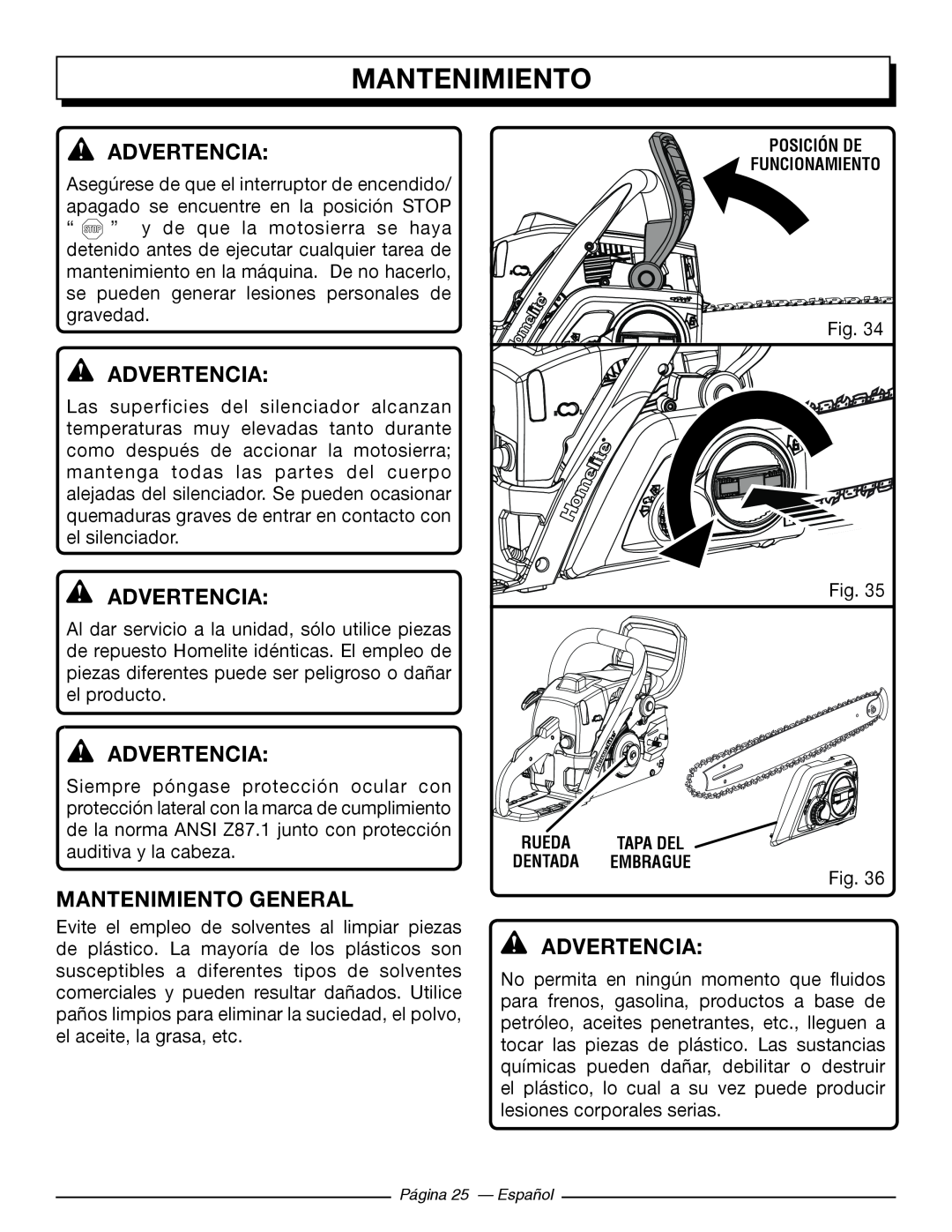 Homelite UT10584, UT10586, UT10564, UT10544, UT10546, UT10566 manuel dutilisation Mantenimiento General, Advertencia 