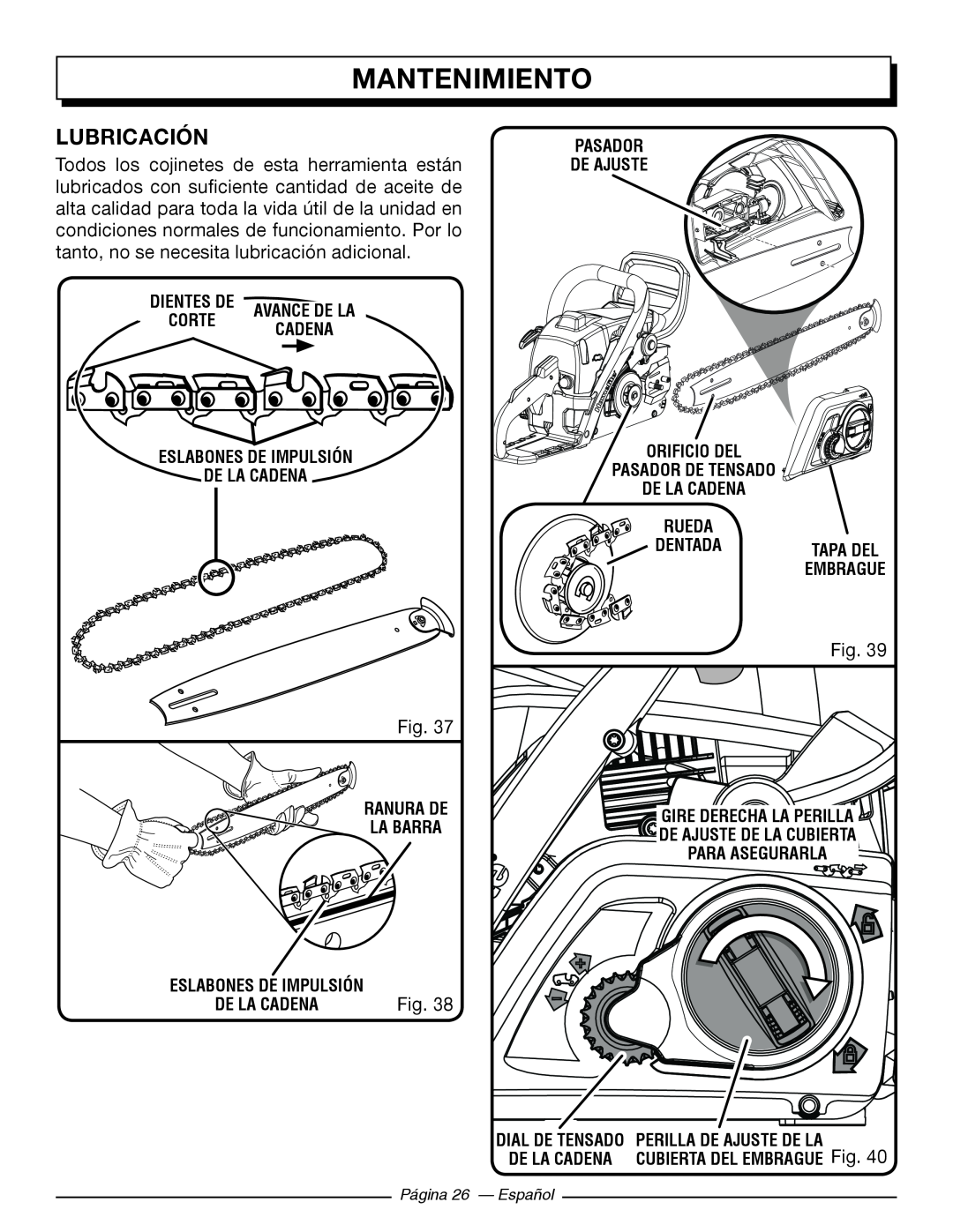 Homelite UT10564, UT10586 Lubricación, Mantenimiento, Pasador De Ajuste, Eslabones De Impulsión De La Cadena, Rueda 