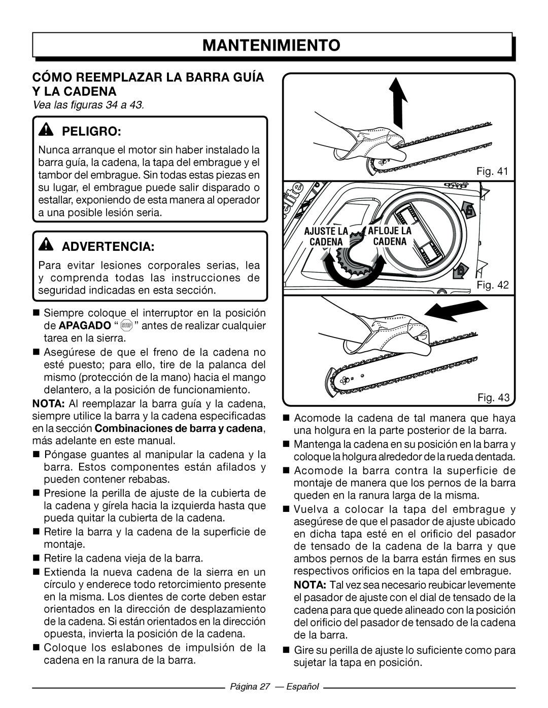 Homelite UT10544 Cómo Reemplazar La Barra Guía Y La Cadena, Vea las figuras 34 a, Mantenimiento, Peligro, Advertencia 