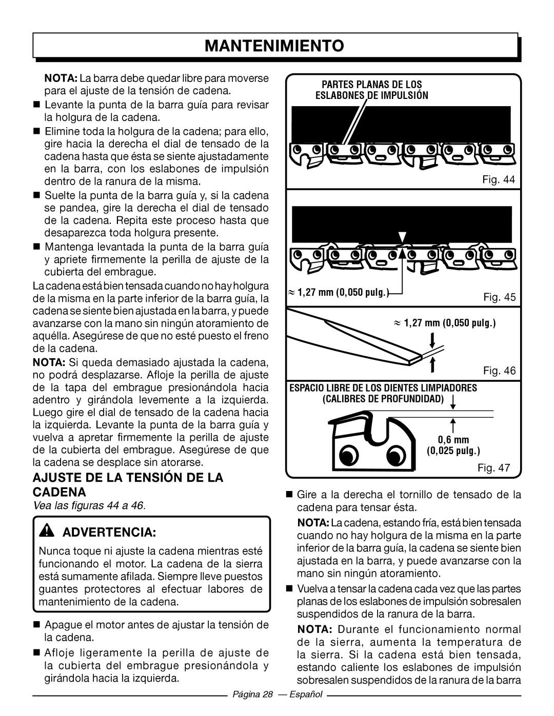 Homelite UT10546, UT10586, UT10584 Ajuste De La Tensión De La Cadena, Vea las figuras 44 a, Mantenimiento, Advertencia 