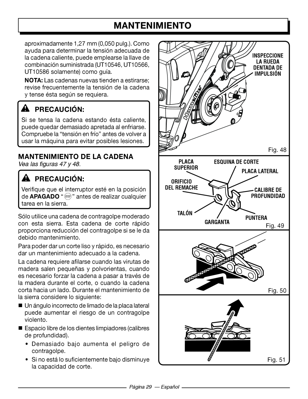 Homelite UT10566, UT10586, UT10584, UT10564, UT10544, UT10546 Mantenimiento De La Cadena, Vea las figuras 47 y, Precaución 