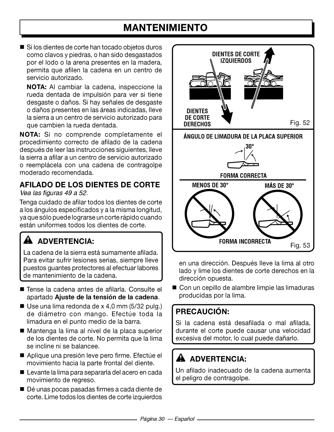 Homelite UT10586, UT10584 Afilado De Los Dientes De Corte, Vea las figuras 49 a, Mantenimiento, Advertencia, Precaución 