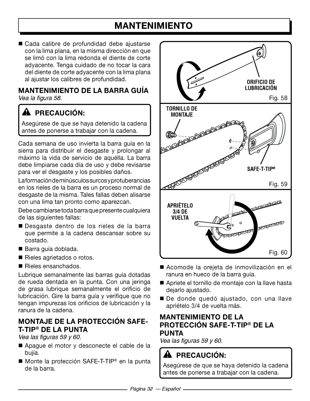 Homelite UT10564 Mantenimiento De La Barra Guía, Montaje De La Protección Safe- T-Tip De La Punta, Vea las figuras 59 y 