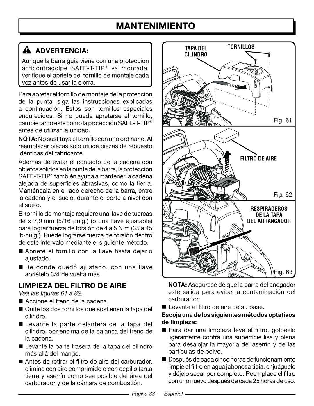 Homelite UT10544, UT10586, UT10584, UT10564 Limpieza Del Filtro De Aire, Vea las figuras 61 a, Mantenimiento, Advertencia 