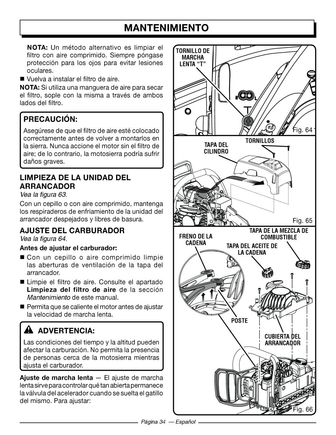 Homelite UT10546 Limpieza De La Unidad Del Arrancador, Ajuste Del Carburador, Antes de ajustar el carburador, Precaución 