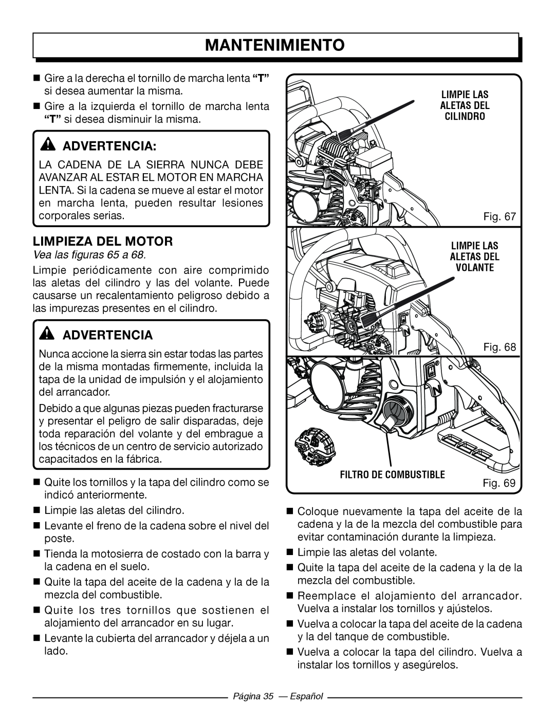 Homelite UT10566, UT10586, UT10584, UT10564, UT10544 Limpieza Del Motor, Vea las figuras 65 a, Mantenimiento, Advertencia 