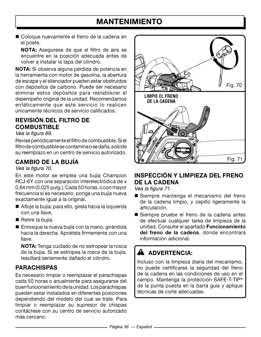 Homelite UT10586, UT10584 Revisión Del Filtro De Combustible, Cambio De La Bujía, Parachispas, Mantenimiento, Advertencia 