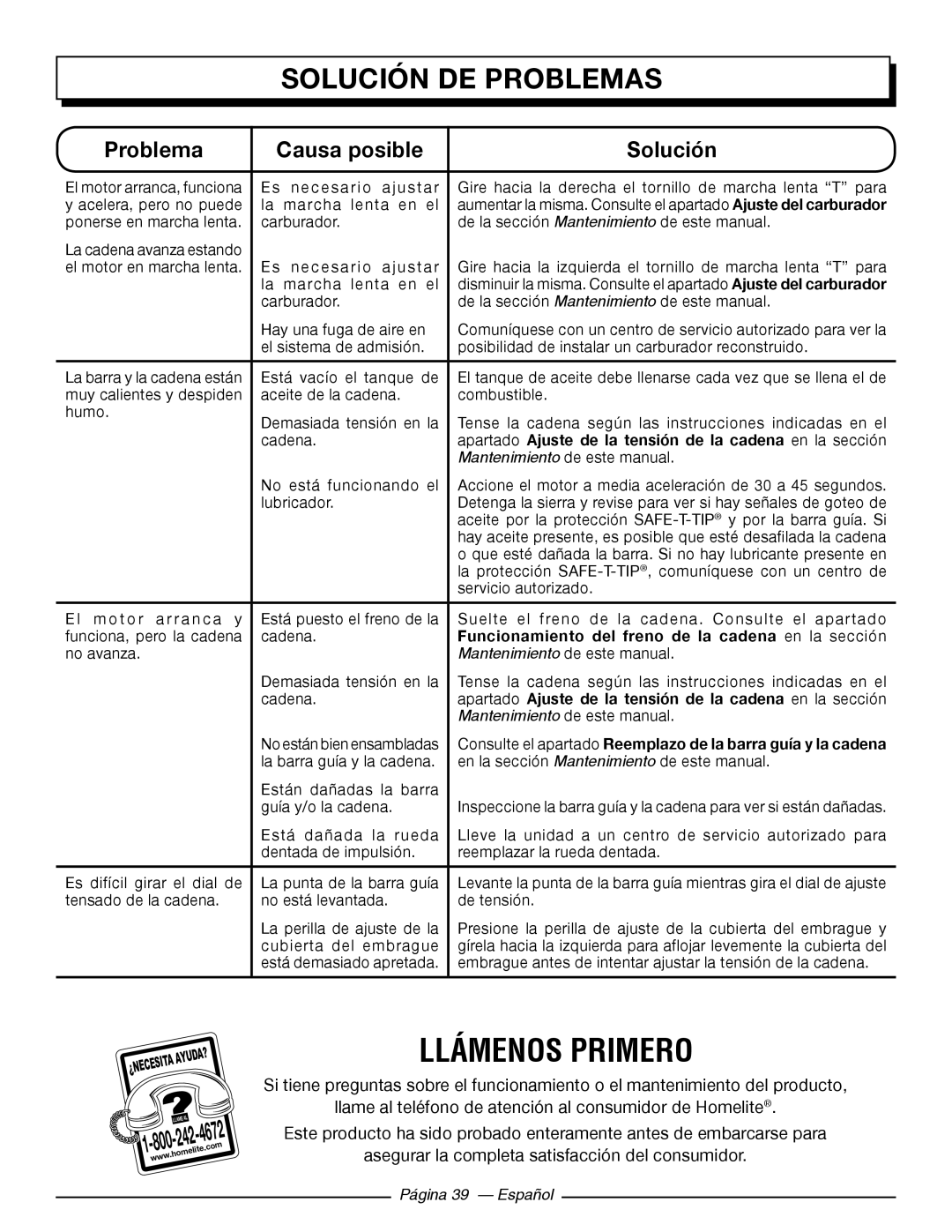 Homelite UT10544 Llámenos Primero, Solución De Problemas, Causa posible, asegurar la completa satisfacción del consumidor 