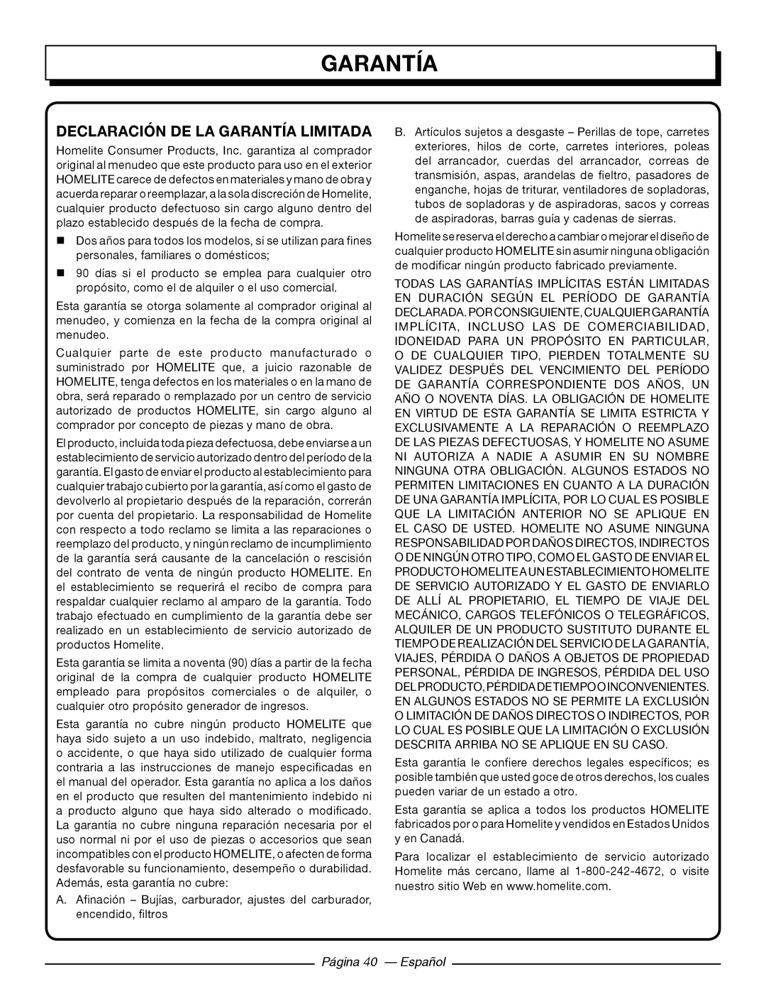 Homelite UT10546, UT10586, UT10584, UT10564, UT10544, UT10566 Declaración De La Garantía Limitada, Página 40 - Español 