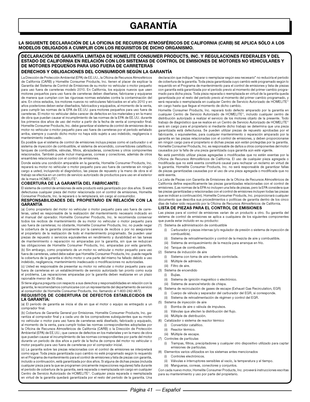 Homelite UT10566, UT10586, UT10584 Página 41 - Español, Derechos Y Obligaciones Del Consumidor Según La Garantía 