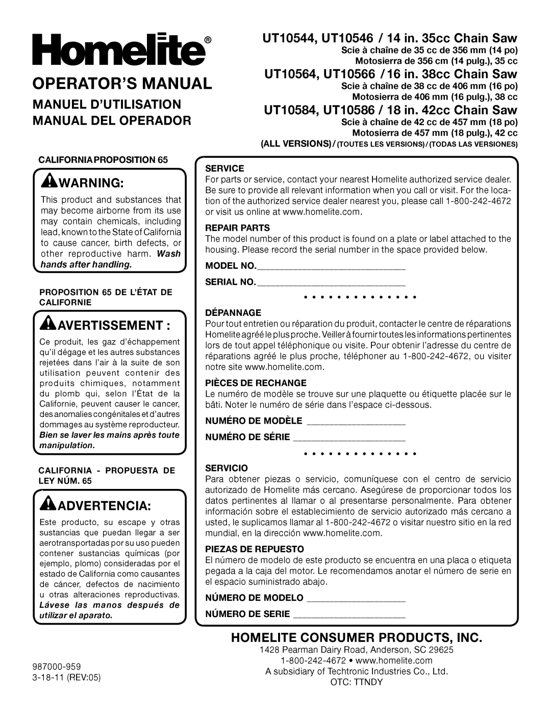 Homelite UT10586 Operator’S Manual, Manuel D’Utilisation Manual Del Operador, UT10544, UT10546 / 14 in. 35cc Chain Saw 