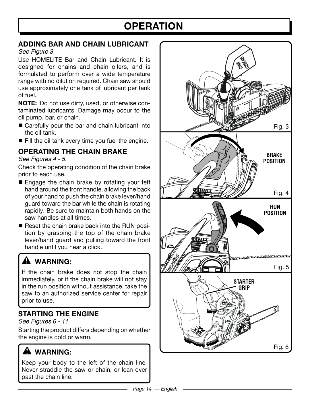 Homelite UT10564 Adding Bar And Chain Lubricant, Operating The Chain Brake, Starting The Engine, See Figures 4, Operation 