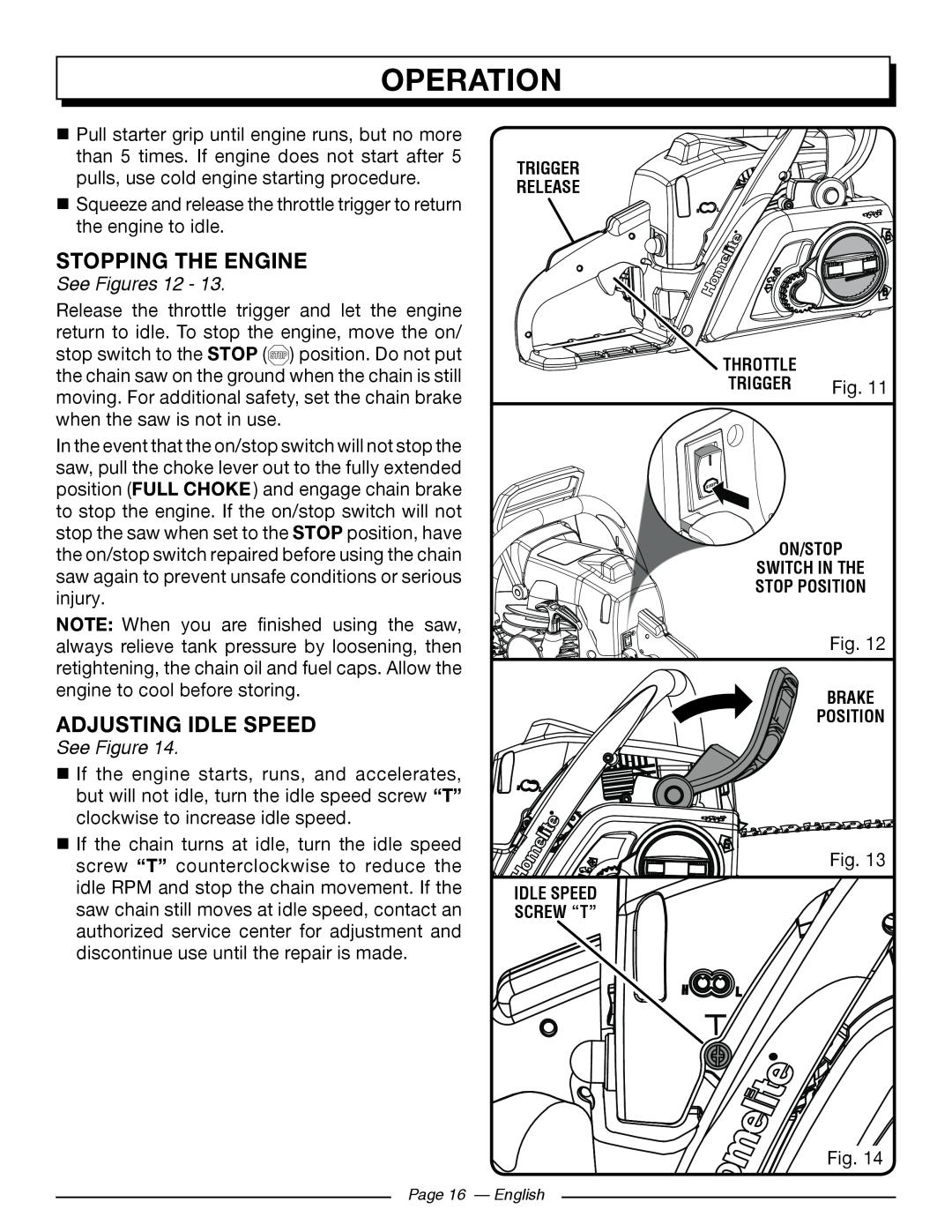 Homelite UT10546, UT10586, UT10584, UT10564, UT10544 Stopping The Engine, Adjusting Idle Speed, See Figures 12, Operation 