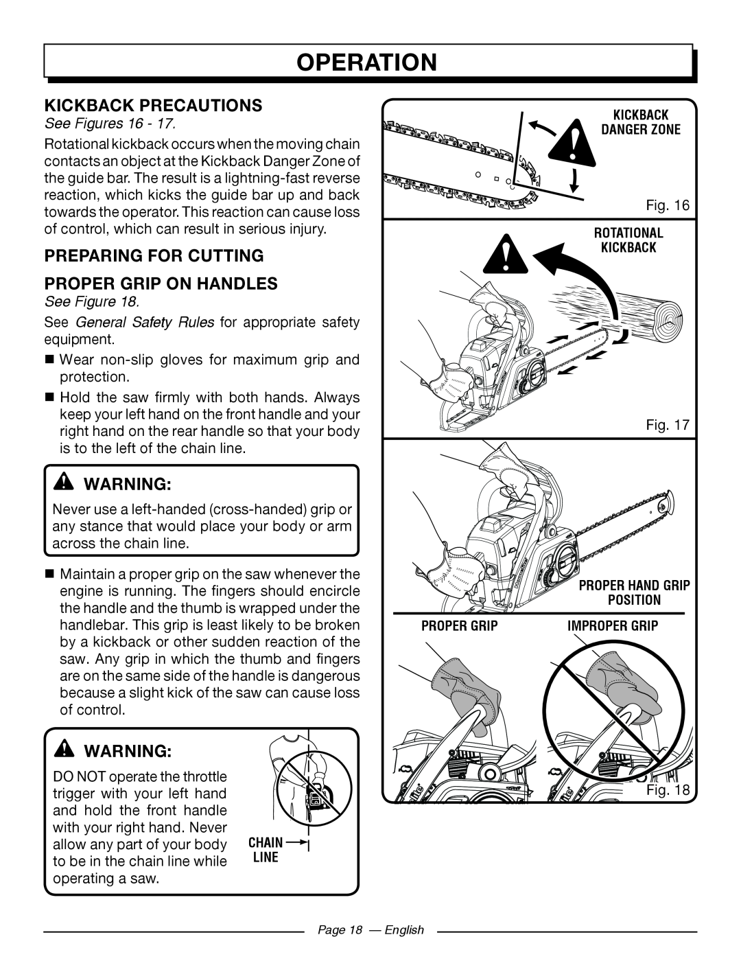 Homelite UT10586, UT10584 Kickback Precautions, Preparing For Cutting Proper Grip On Handles, See Figures 16, Operation 