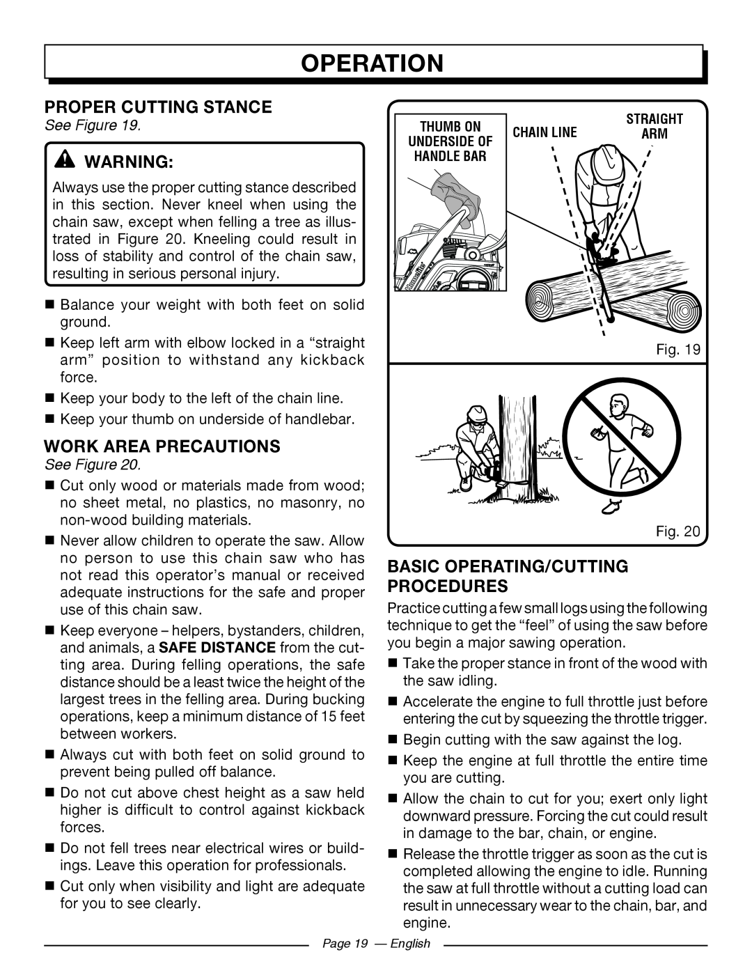 Homelite UT10584 Proper Cutting Stance, Work Area Precautions, Basic Operating/Cutting Procedures, Operation, See Figure 