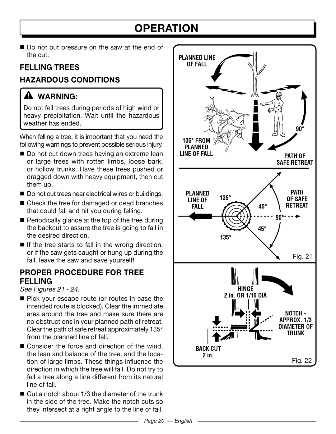 Homelite UT10564, UT10586 Felling Trees Hazardous Conditions, Proper Procedure For Tree Felling, See Figures 21, Operation 