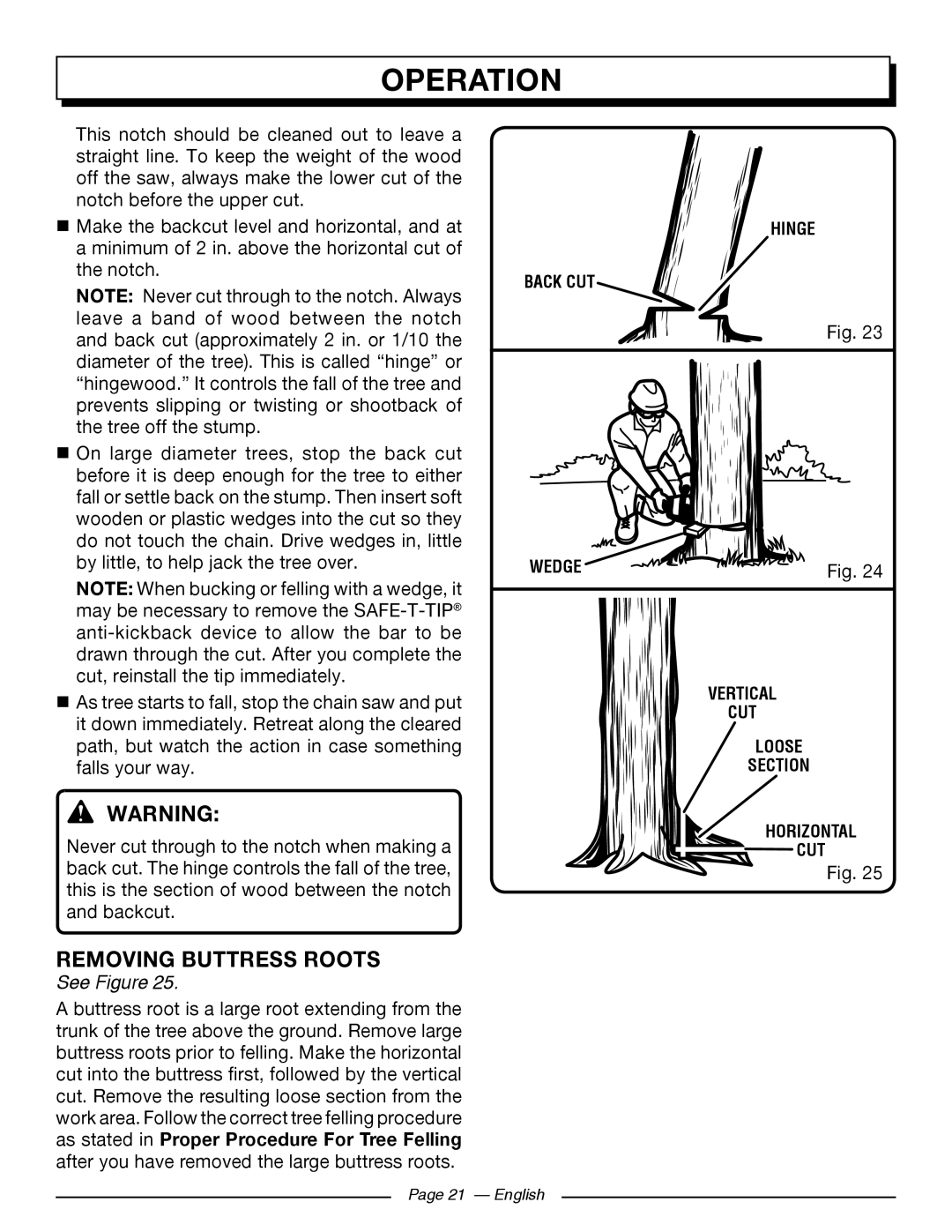 Homelite UT10544, UT10586, UT10584, UT10564, UT10546 Removing Buttress Roots, Operation, See Figure, Hinge Back Cut, Wedge 