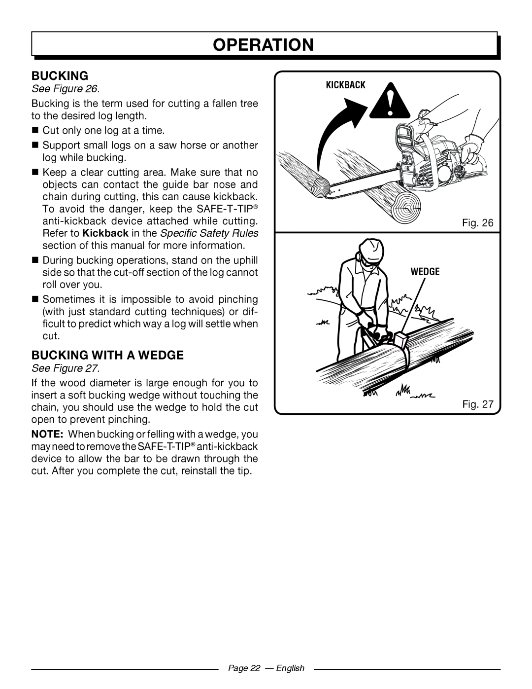 Homelite UT10546, UT10586, UT10584, UT10564, UT10544, UT10566 Bucking With A Wedge, Operation, See Figure 